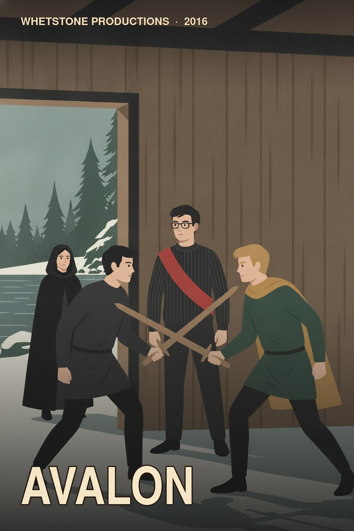 Avalon illustrated poster with a hooded infiltrator and red-sashed conspirator behind two swordsmen crossing blades