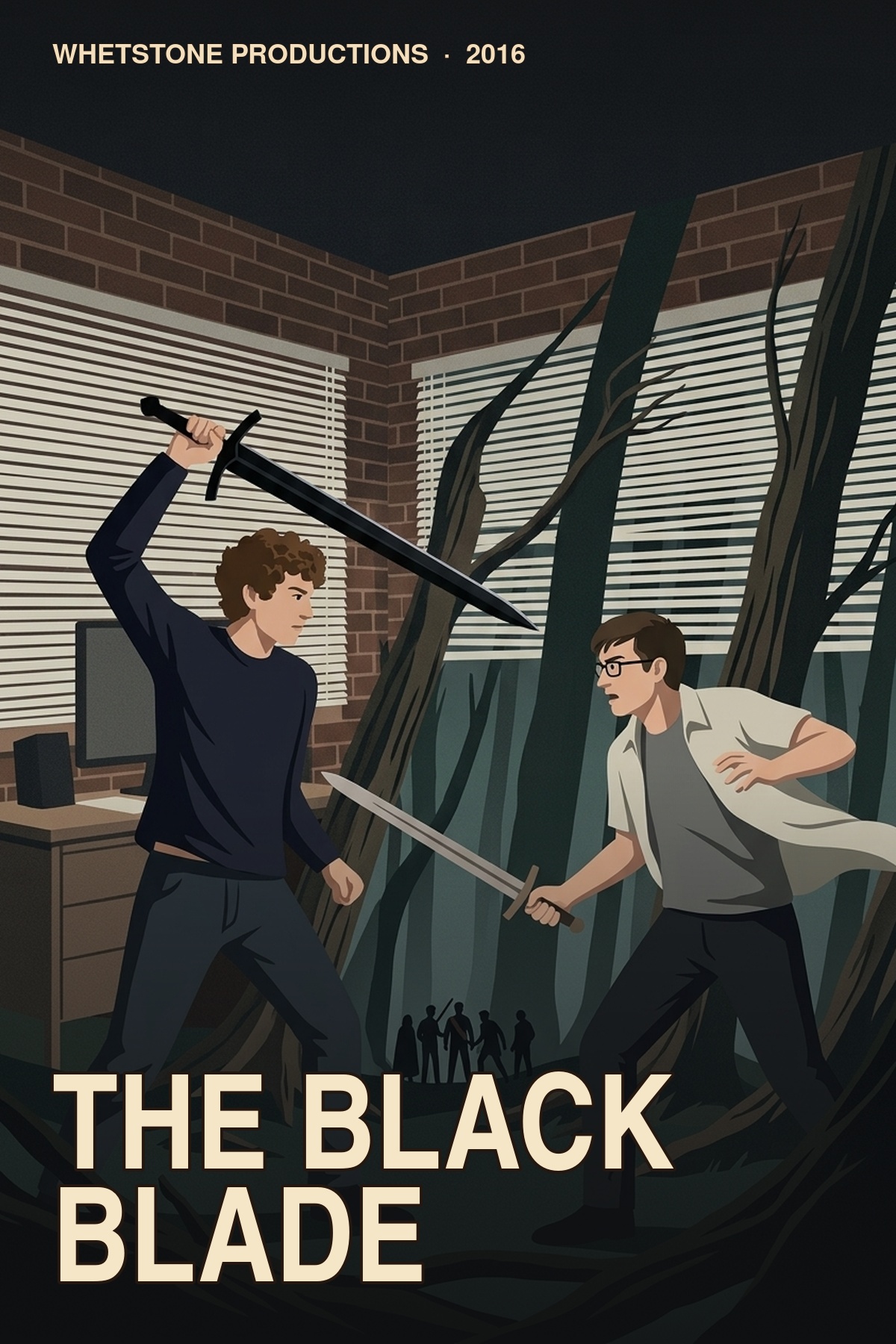 The Black Blade illustrated poster with two people crossing swords as an office gives way to a dark forest