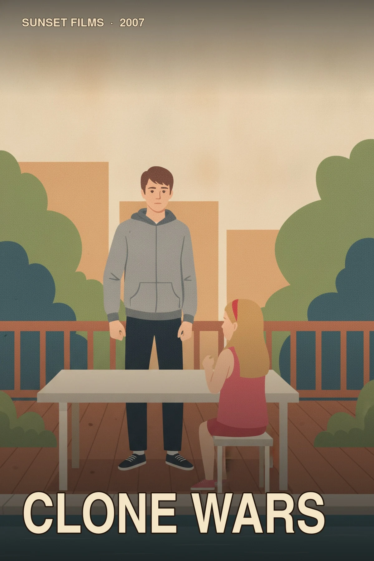 Clone Wars illustrated poster with a teenage agent in a plain gray hoodie and a younger girl on a suburban pool deck