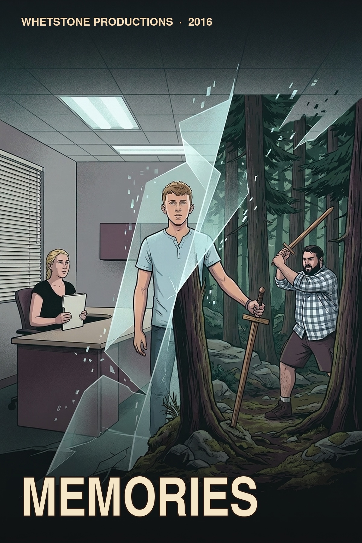 Memories illustrated poster split by broken glass between an office and a forest, with a central figure holding a sword