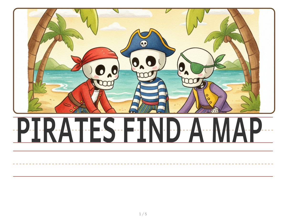 A complete handwriting workbook page with three skeleton pirates looking at a map above the sentence PIRATES FIND A MAP and blank writing rows